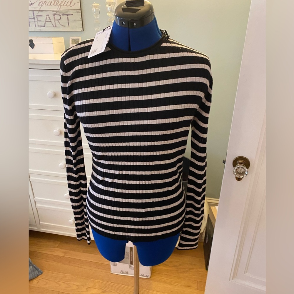 And Other Stories. Ribbed Crewneck Wool Sweater - Black & Cream Stripe